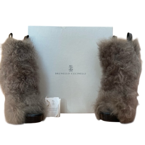 BRUNELLO CUCINELLI | ´Bordeaux’ Brown Leather Peep Toe Slip Bootie Gray Fur 37.5 - Picture 1 of 13